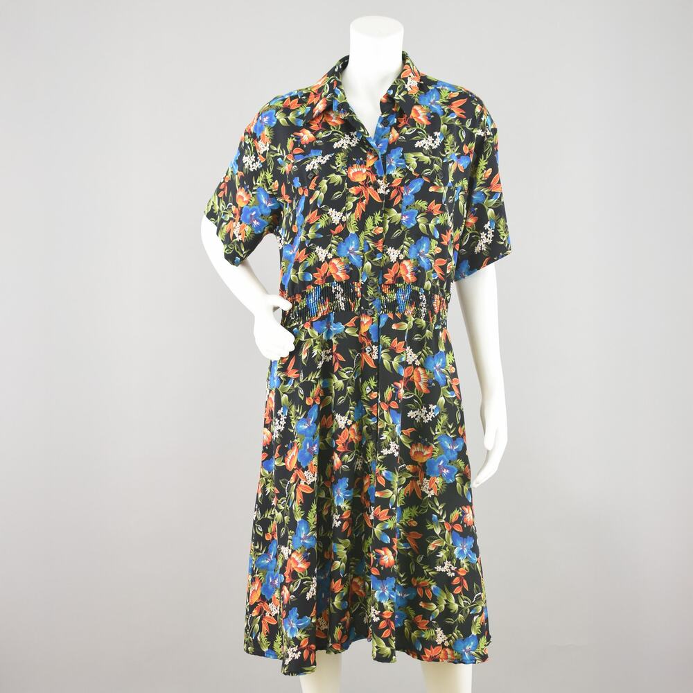 Vintage 90s Tropical Floral Midi Shirtdress Women's Petite 12